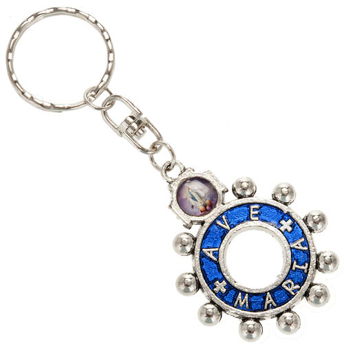 Keychain with ring in blue enamel, Hail Mary (English) 1