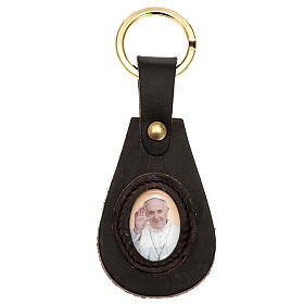 Pope Francis key ring in leather drop shaped