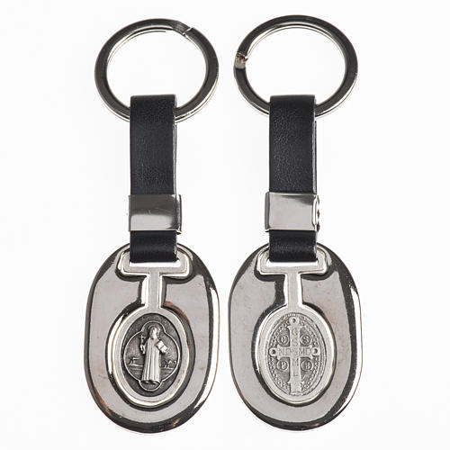 Keychain in metal and fake leather, Saint Benedict 1