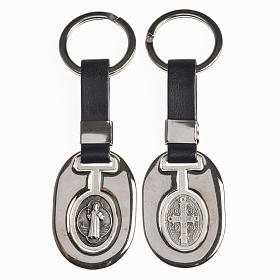 Keychain in metal and fake leather, Saint Benedict s1