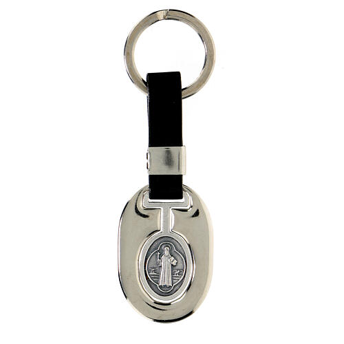 Keychain in metal and fake leather, Saint Benedict 1