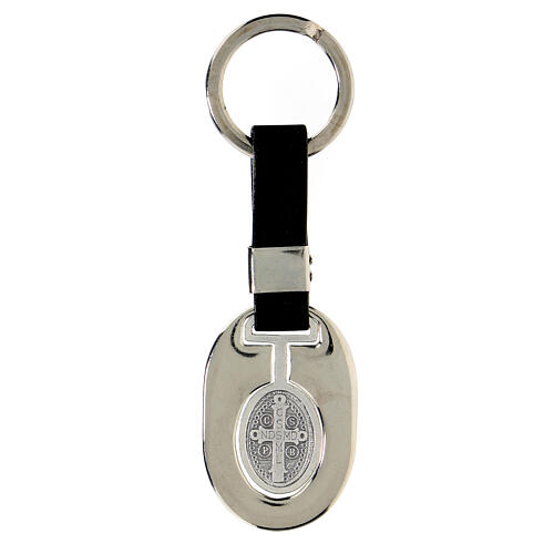 Keychain in metal and fake leather, Saint Benedict 2