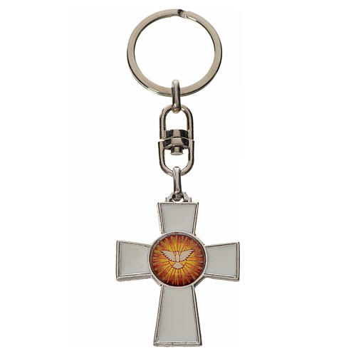 Keyring with Holy Spirit cross medal, zamak white enamel 1
