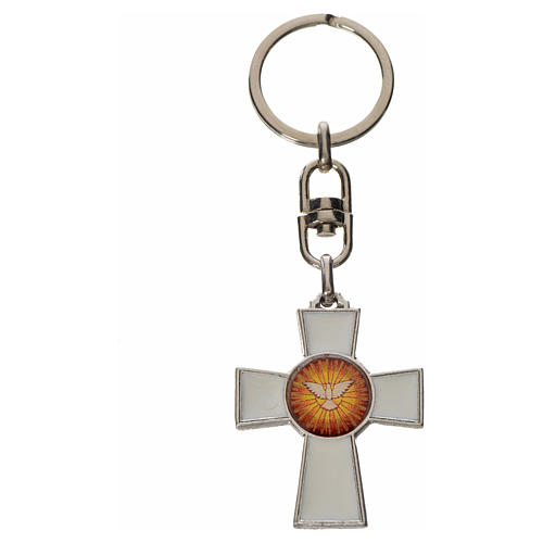 Porte-clé croix Saint Esprit zamac émail blanc 2