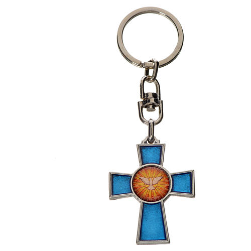 Keyring with Holy Spirit cross medal, zamak blue enamel 3