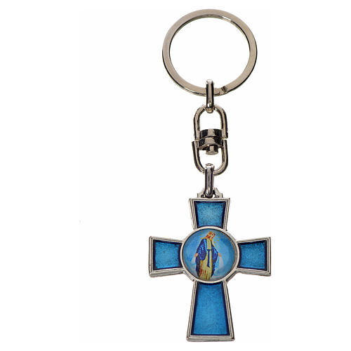 Keyring with Holy Spirit cross medal, zamak blue enamel 2