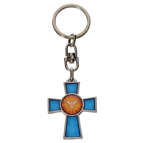 Keychain with Holy Spirit cross medal, zamak blue enamel 1