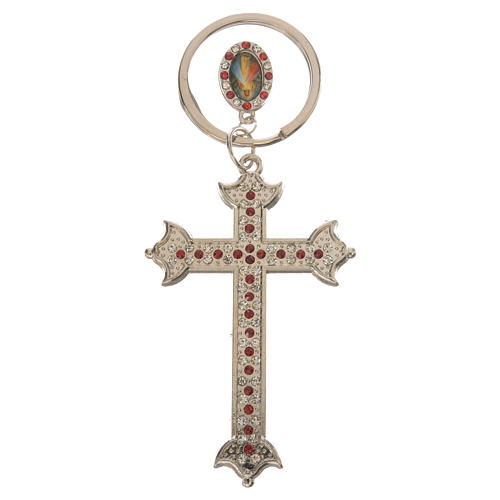 Schlüsselanhänger Kreuz aus Metall und Strasssteinen 1