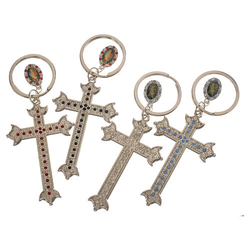 Schlüsselanhänger Kreuz aus Metall und Strasssteinen 3