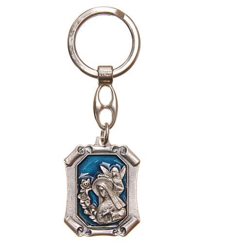 STOCK Schlüsselanhänger aus vernickeltem Metall Heilige Rita mit blauem Lack 1