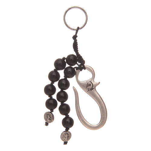 Schlüsselanhänger mit 10er-Rosenkranz schwarze Perlen und Benediktusmedaille 2