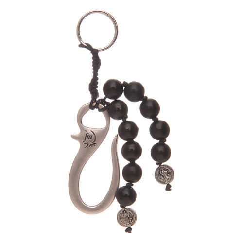 Saint Benedict single decade rosary key ring with black grains 1