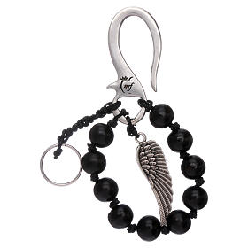 Schlüsselanhänger mit 10er-Rosenkranz schwarze Perlen und Engelsflügel