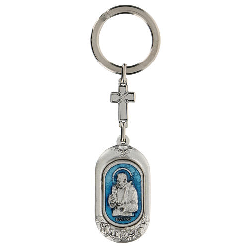 Padre Pio Schlüsselanhänger aus Zamack mit hellblauem Emaillack 1