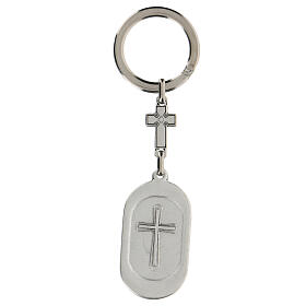 Schlüsselanhänger mit kleiner Medaille vom Heiligen Georg aus Zamack mit hellblauem Emaillack