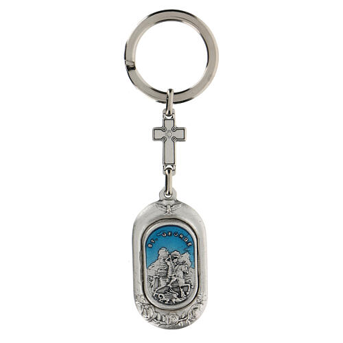 Schlüsselanhänger mit kleiner Medaille vom Heiligen Georg aus Zamack mit hellblauem Emaillack 1