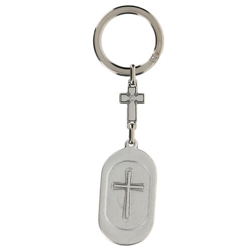 Schlüsselanhänger mit kleiner Medaille vom Heiligen Georg aus Zamack mit hellblauem Emaillack 2