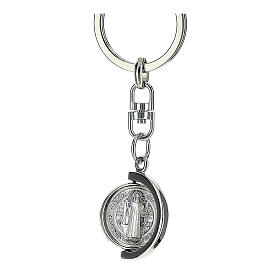 Saint Benedict keyring, silver-plated, swing half-moon