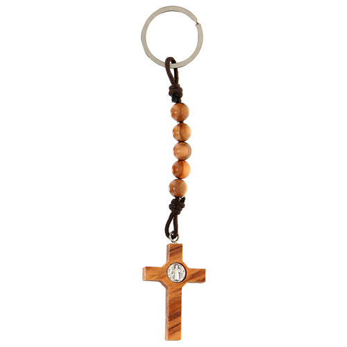 Porte-clé croix Saint Benoît bois d'olivier corde et grains 4 mm 3