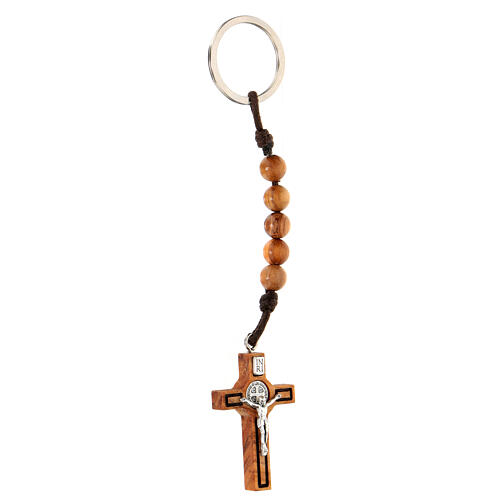 Keychain cross in olive wood cord with 4 mm beads 2
