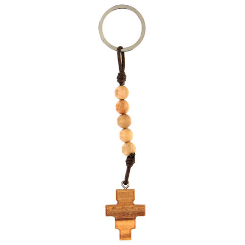 Schlüsselanhänger aus Olivenbaumholz mit Kreuz, Kordel und Perlen von 5 mm 3
