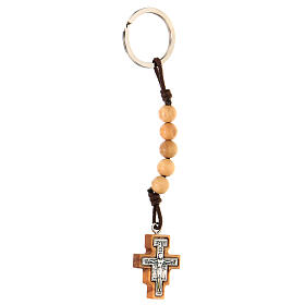Key ring with cross of Saint Damian and 5 mm beads, Assisi olivewood