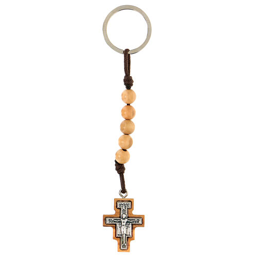 Key ring with cross of Saint Damian and 5 mm beads, Assisi olivewood 1