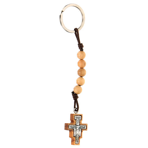 Porte-clé croix Saint Damien bois d'olivier corde et grains 5 mm 2