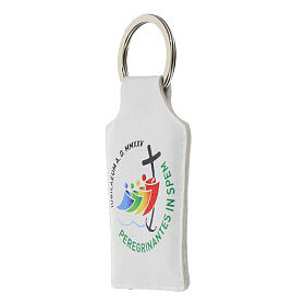 Porte-clé logo officiel Jubilé 2025 blanc simili cuir 10x5 cm