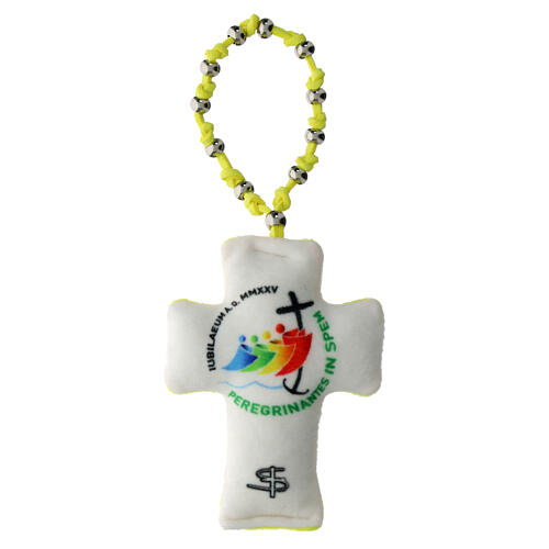 Single decade rosary with 2025 Jubilee cross, yellow padded velvet, metal beads 1