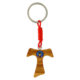 Key ring with tau cross and Carlo Acutis' image, red rope