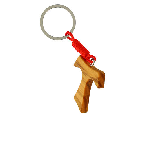 Tau cross key ring Carlo Acutis with red rope 2