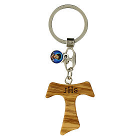 Key ring with olivewood tau and Carlo Acutis' medal