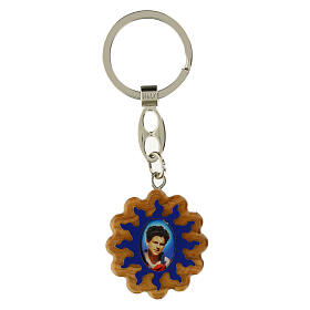 Key ring with blue sun and Carlo Acutis' image, olivewood from Assisi, 1.2x1.2 in