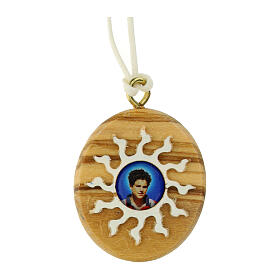 Oval pendant of Carlo Acutis, olivewood white sun