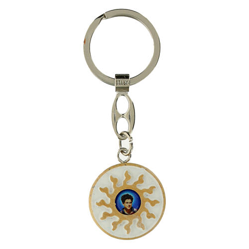 Carlo Acutis' key ring, olivewood medal, white background, 1.2 in 1