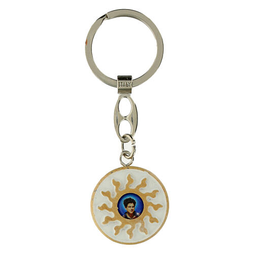 Porte-clé Carlo Acutis fond blanc médaille olivier 3 cm 1