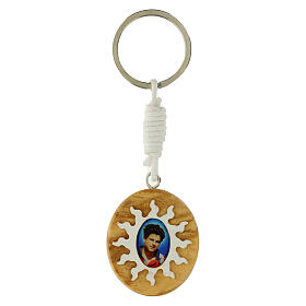 Key ring of Carlo Acutis, olivewood medal with white rays, 1.5x1.3 in