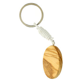 Key ring of Carlo Acutis, olivewood medal with white rays, 1.5x1.3 in