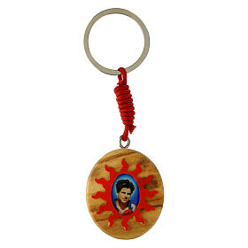 Key ring of Carlo Acutis, red rays, olivewood medal, 1.5x1.3 in