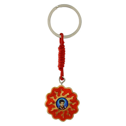 Carlo Acutis' key ring, sun with red background, olivewood 1