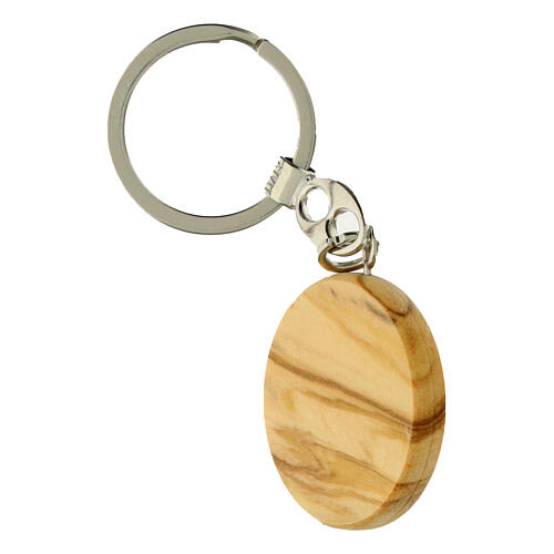 Carlo Acutis Keychain Olive Wood Medal with White Rays, 3 cm 2