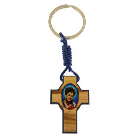 Key ring with cross, blue edges, image of Carlo Acutis