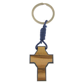 Key ring with cross, blue edges, image of Carlo Acutis