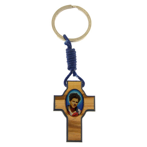 Key ring with cross, blue edges, image of Carlo Acutis 1