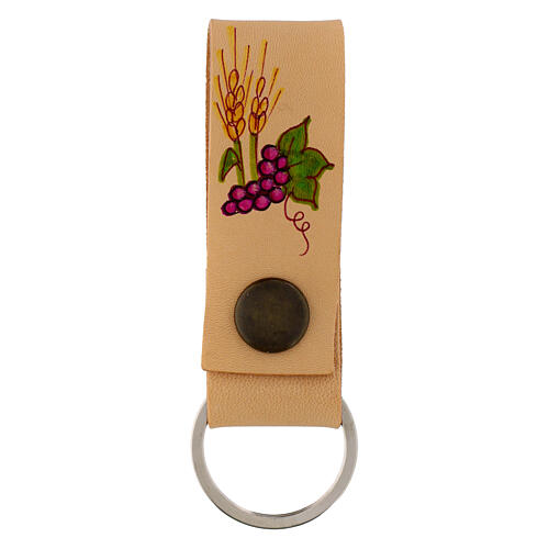 Portachiavi Prima Comunione h 8 cm cuoio uva spiga pirografata 1
