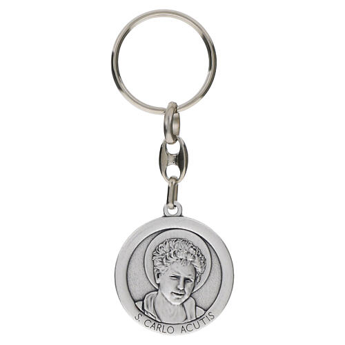 Circular key ring of Carlo Acutis, 1.2 in, silver zamak 1