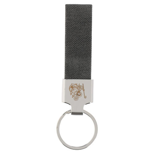 Saint Christopher keychain in grey fabric with engraved metal plate 3