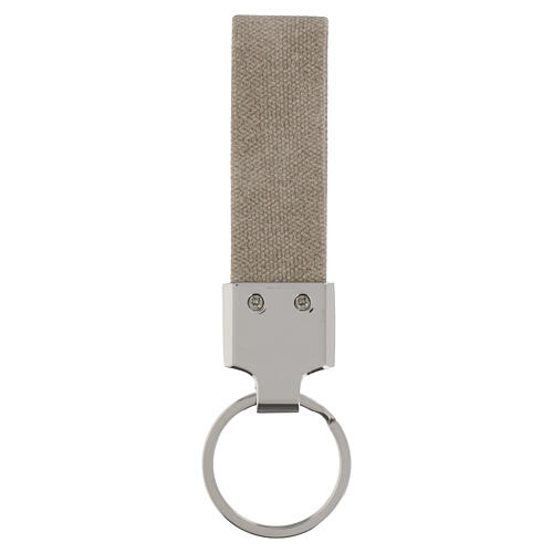 Porte-clé Saint Christophe tissu beige métal gravé 4