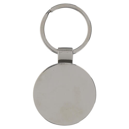 Padre Pio round metal keychain with wood-effect background 3